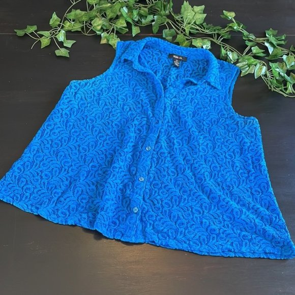 Blue Lace Sleeveless Button Front Sleeveless Blouse Top - Picture 1 of 6